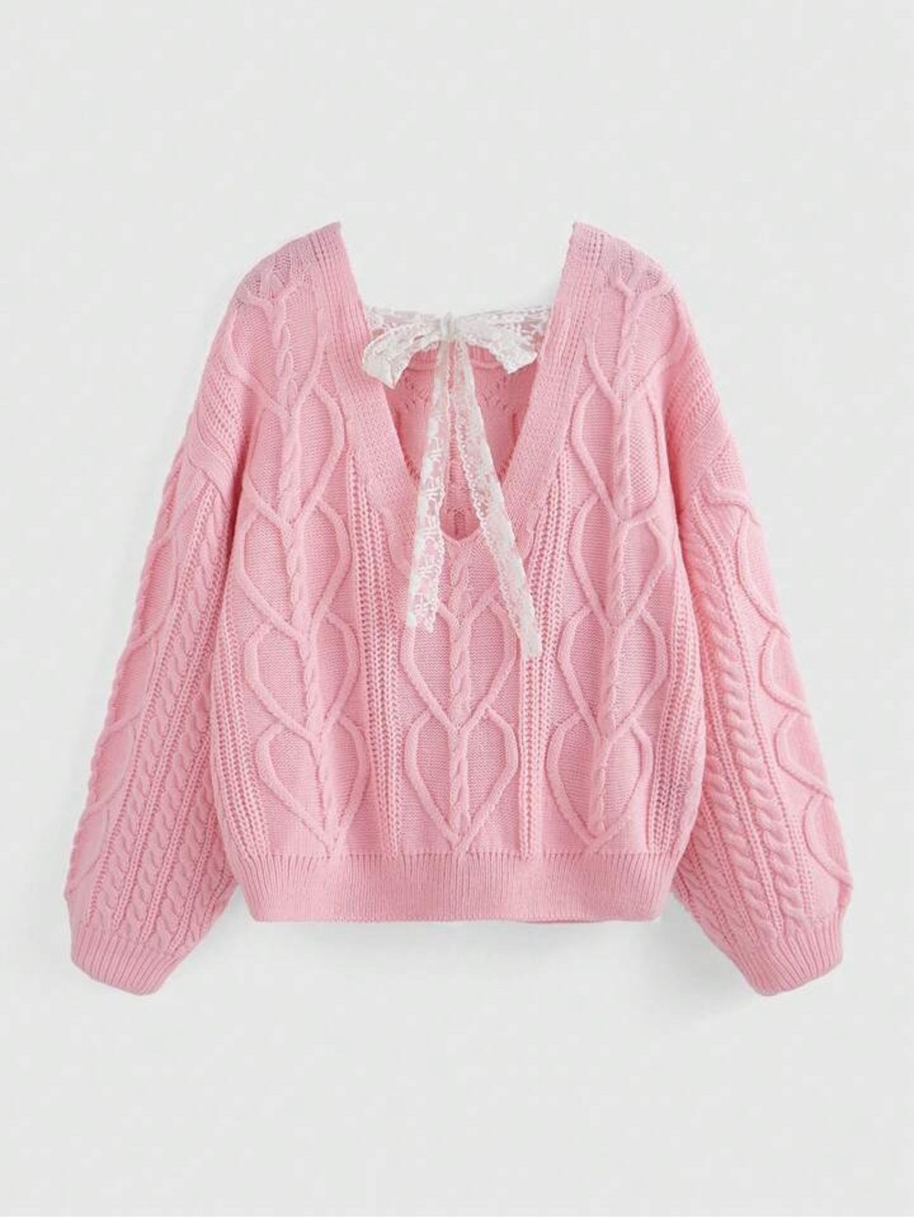 ROMWE Pink Cable Knit V-Neck Sweater with Lace Bow